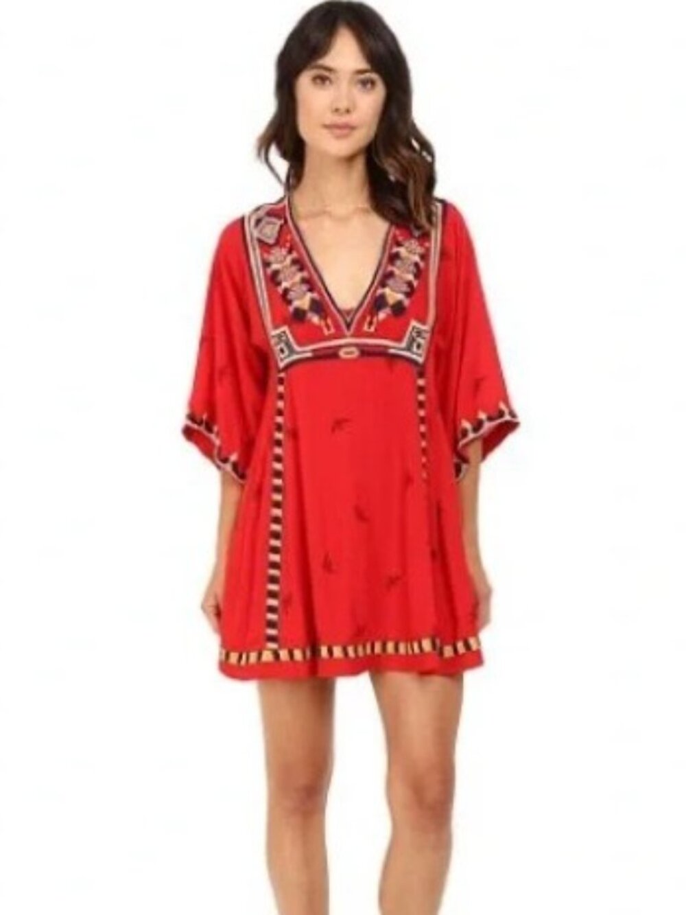 Free People | Red Tulum Embroidered Mini Dress w/flow sleeve S